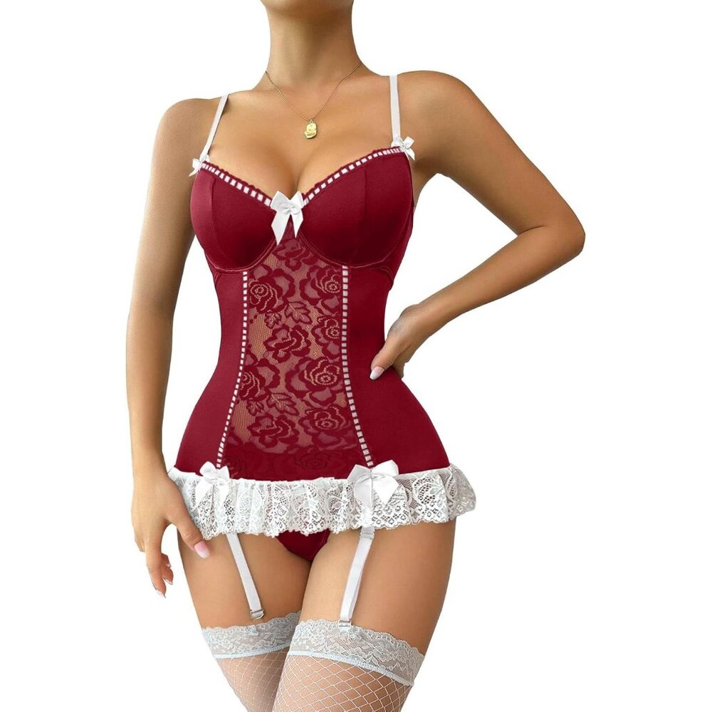 Sexy Floral Lace Garter Belt Babydol Corset Push Up Burgundy White Lingerie Set
